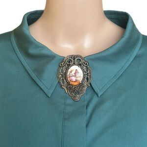 Vintage Courting Dress Scarf / Fur Clip Brooch With Hand Painted Ceramic Center
